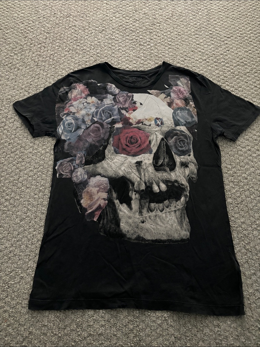 All Saints Black Skull with Multicolor Rose Graphic Tee